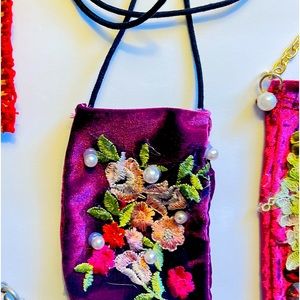 Bag is made with recycled velvet,vintage embroidery,pearls,gold color chain